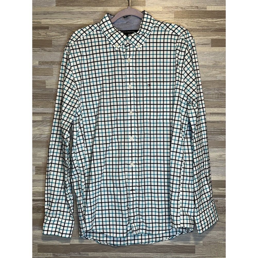 Tommy Hilfiger Long Sleeve Button Up, Large, Blue/black Plaid. #195
